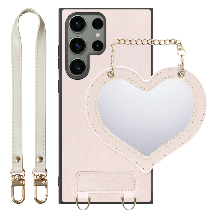 [ LOOF CHARM-SHELL Series ] Galaxy S23 Ultra s23ultra スマホケース  ハートのミラーチャーム付き シンプル 背面カバー スマホケース ストラップ付 本革 [ Galaxy S23 Ultra ]