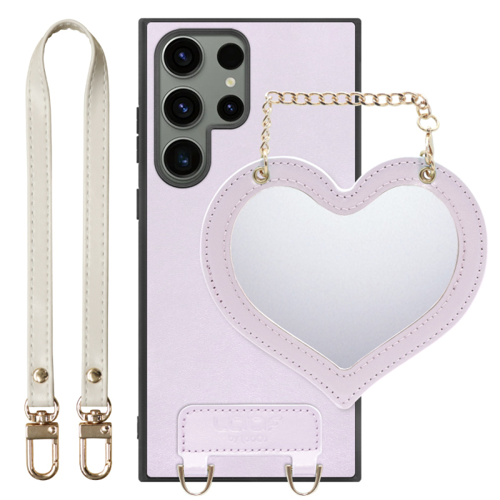 [ LOOF CHARM-SHELL Series ] Galaxy S23 Ultra s23ultra スマホケース  ハートのミラーチャーム付き シンプル 背面カバー スマホケース ストラップ付 本革 [ Galaxy S23 Ultra ]