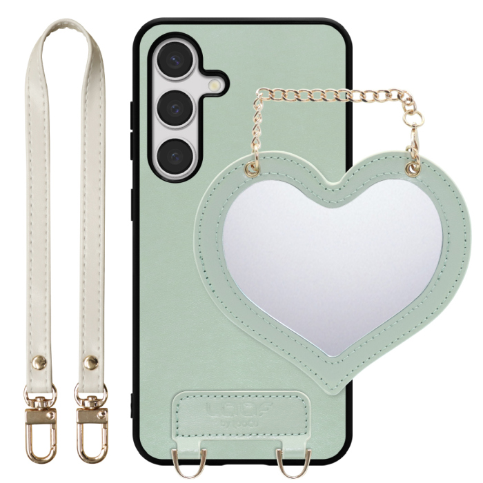 [ LOOF CHARM-SHELL Series ] Galaxy S24 s24 スマホケース  ハートのミラーチャーム付き シンプル 背面カバー スマホケース ストラップ付 本革 [ Galaxy S24 ]