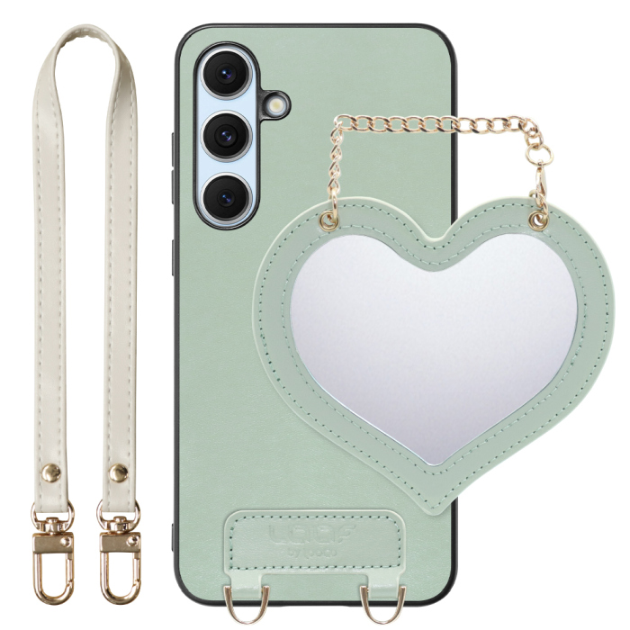 [ LOOF CHARM-SHELL Series ] Galaxy S24 FE SM-S721Q / SCG30 ギャラクシー s24fe スマホケース  ハートのミラーチャーム付き シンプル 背面カバー スマホケース ストラップ付 本革 [ Galaxy S24 FE ]