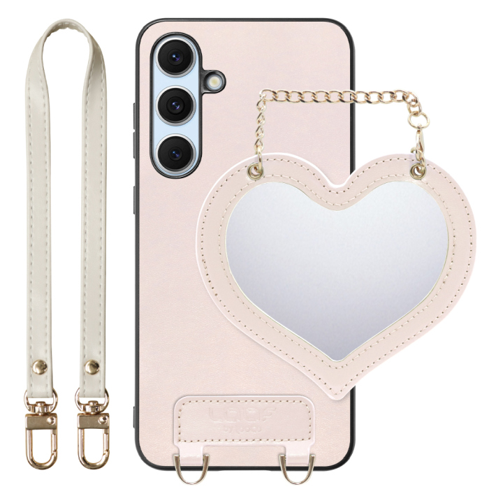 [ LOOF CHARM-SHELL Series ] Galaxy S24 FE SM-S721Q / SCG30 ギャラクシー s24fe スマホケース  ハートのミラーチャーム付き シンプル 背面カバー スマホケース ストラップ付 本革 [ Galaxy S24 FE ]