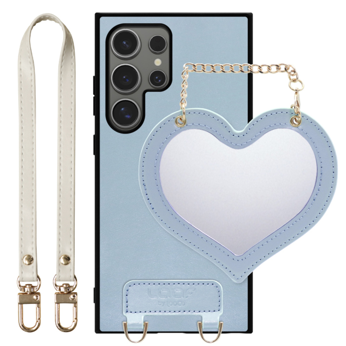 [ LOOF CHARM-SHELL Series ] Galaxy S24 Ultra s24ultra スマホケース  ハートのミラーチャーム付き シンプル 背面カバー スマホケース ストラップ付 本革 [ Galaxy S24 Ultra ]