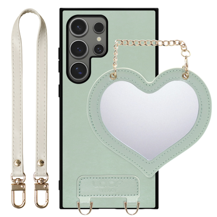 [ LOOF CHARM-SHELL Series ] Galaxy S24 Ultra s24ultra スマホケース  ハートのミラーチャーム付き シンプル 背面カバー スマホケース ストラップ付 本革 [ Galaxy S24 Ultra ]