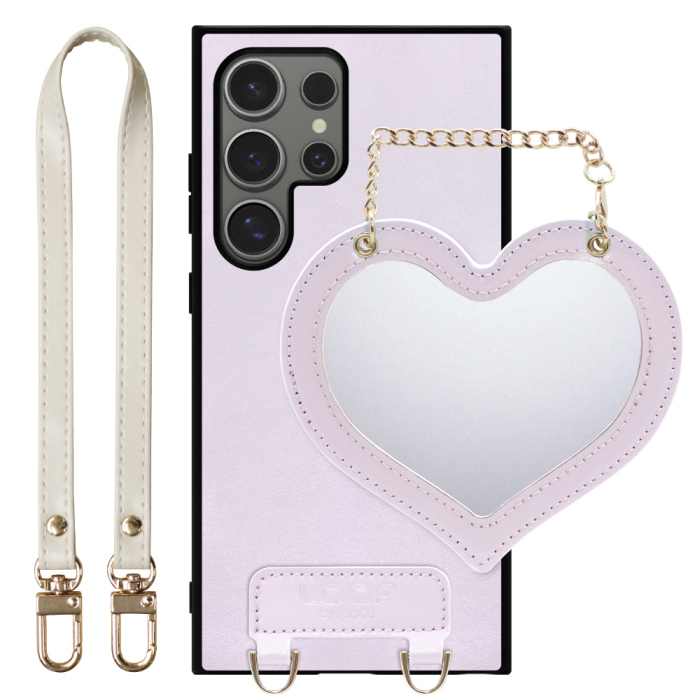 [ LOOF CHARM-SHELL Series ] Galaxy S24 Ultra s24ultra スマホケース  ハートのミラーチャーム付き シンプル 背面カバー スマホケース ストラップ付 本革 [ Galaxy S24 Ultra ]