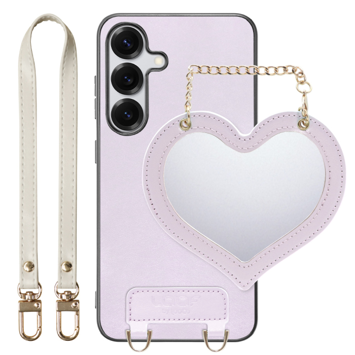 [ LOOF CHARM-SHELL Series ] Galaxy S25 SC-51F スマホケース  ハートのミラーチャーム付き シンプル 背面カバー スマホケース ストラップ付 本革 [ Galaxy S25 ]