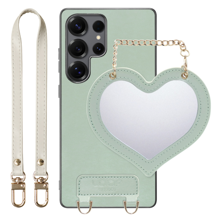 [ LOOF CHARM-SHELL Series ] Galaxy S25 Ultra SC-52F スマホケース  ハートのミラーチャーム付き シンプル 背面カバー スマホケース ストラップ付 本革 [ Galaxy S25 Ultra ]