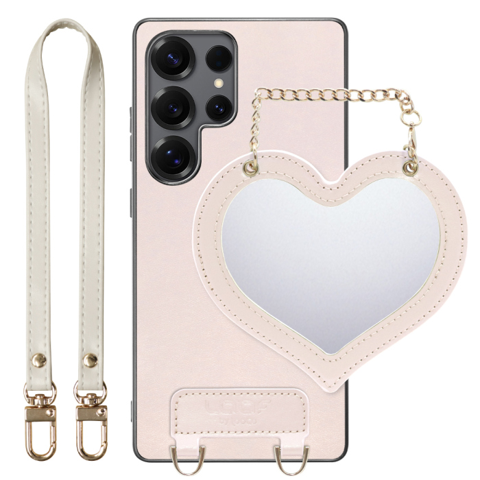 [ LOOF CHARM-SHELL Series ] Galaxy S25 Ultra SC-52F スマホケース  ハートのミラーチャーム付き シンプル 背面カバー スマホケース ストラップ付 本革 [ Galaxy S25 Ultra ]