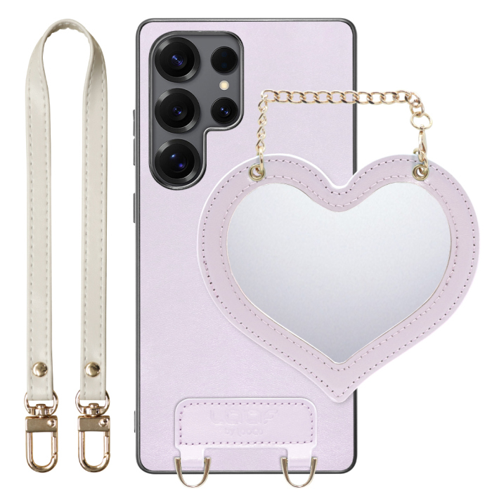 [ LOOF CHARM-SHELL Series ] Galaxy S25 Ultra SC-52F スマホケース  ハートのミラーチャーム付き シンプル 背面カバー スマホケース ストラップ付 本革 [ Galaxy S25 Ultra ]