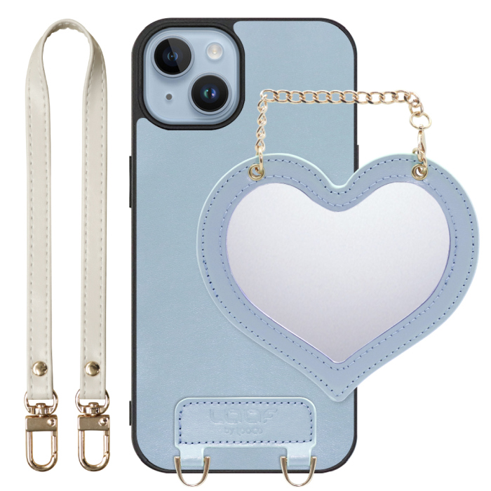 [ LOOF CHARM-SHELL Series ] iPhone 14 iphone14 スマホケース  ハートのミラーチャーム付き シンプル 背面カバー スマホケース ストラップ付 本革 [ iPhone 14 ]