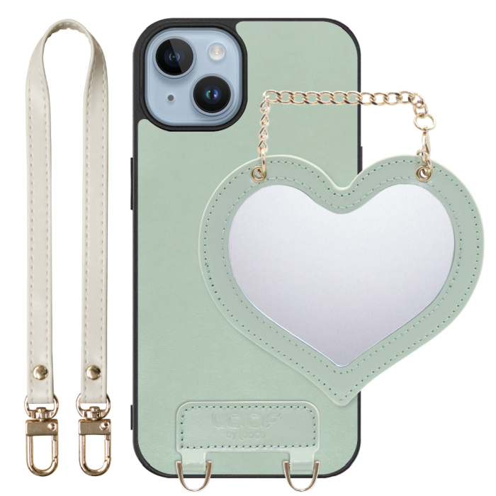 [ LOOF CHARM-SHELL Series ] iPhone 14 iphone14 スマホケース  ハートのミラーチャーム付き シンプル 背面カバー スマホケース ストラップ付 本革 [ iPhone 14 ]