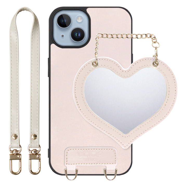 [ LOOF CHARM-SHELL Series ] iPhone 14 iphone14 スマホケース  ハートのミラーチャーム付き シンプル 背面カバー スマホケース ストラップ付 本革 [ iPhone 14 ]