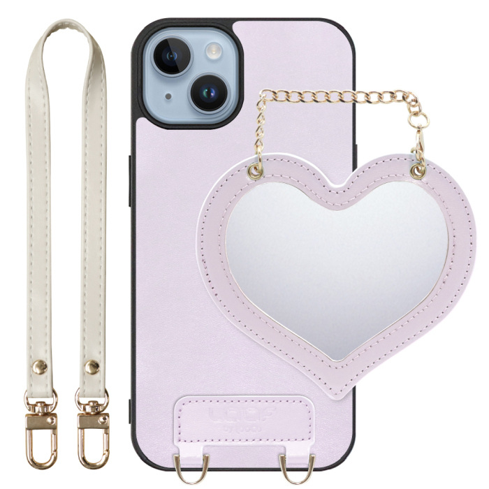 [ LOOF CHARM-SHELL Series ] iPhone 14 iphone14 スマホケース  ハートのミラーチャーム付き シンプル 背面カバー スマホケース ストラップ付 本革 [ iPhone 14 ]
