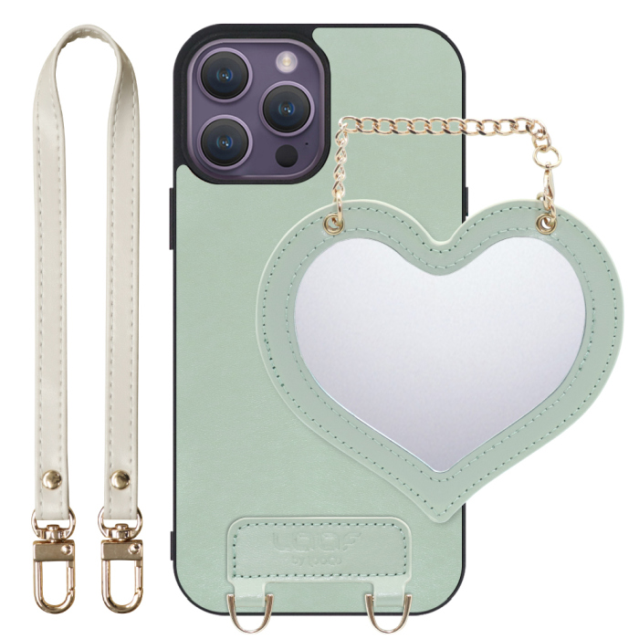 [ LOOF CHARM-SHELL Series ] iPhone 14 Pro Max iphone14promax 14promax プロマックス スマホケース  ハートのミラーチャーム付き シンプル 背面カバー スマホケース ストラップ付 本革 [ iPhone 14 Pro Max ]