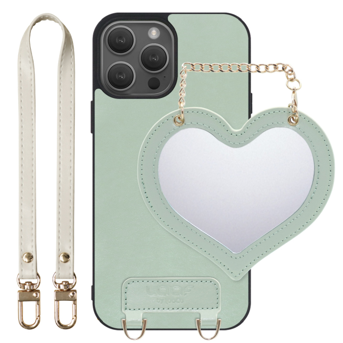 [ LOOF CHARM-SHELL Series ] iPhone 14 Pro iphone14pro 14pro プロ スマホケース  ハートのミラーチャーム付き シンプル 背面カバー スマホケース ストラップ付 本革 [ iPhone 14 Pro ]