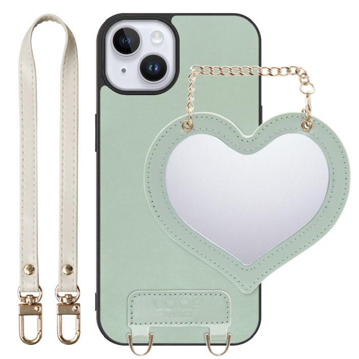 [ LOOF CHARM-SHELL Series ] iPhone 14 Plus iphone14plus 14plus 14+ プラス スマホケース  ハートのミラーチャーム付き シンプル 背面カバー スマホケース ストラップ付 本革 [ iPhone 14 Plus ]