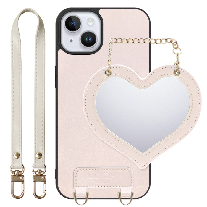 [ LOOF CHARM-SHELL Series ] iPhone 14 Plus iphone14plus 14plus 14+ プラス スマホケース  ハートのミラーチャーム付き シンプル 背面カバー スマホケース ストラップ付 本革 [ iPhone 14 Plus ]