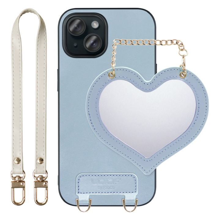 [ LOOF CHARM-SHELL Series ] iPhone 15 iPhone15 アイフォン15 iPhone 15 アイフォン 15 スマホケース  ハートのミラーチャーム付き シンプル 背面カバー スマホケース ストラップ付 本革 [ iPhone 15 ]