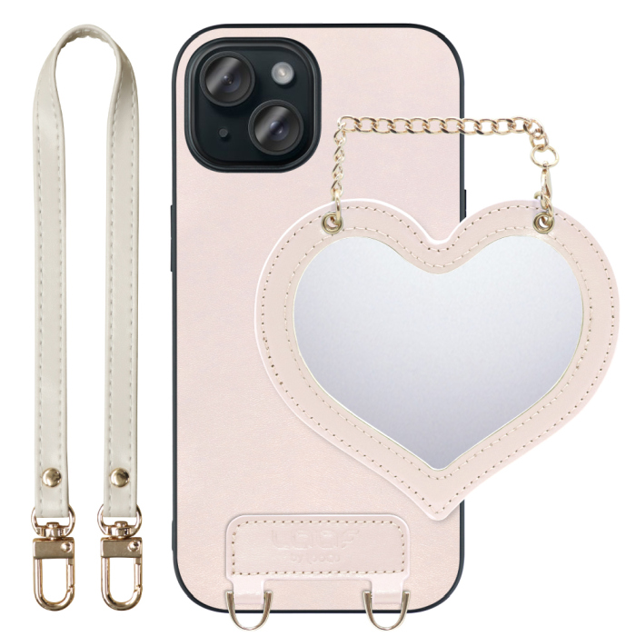 [ LOOF CHARM-SHELL Series ] iPhone 15 iPhone15 アイフォン15 iPhone 15 アイフォン 15 スマホケース  ハートのミラーチャーム付き シンプル 背面カバー スマホケース ストラップ付 本革 [ iPhone 15 ]