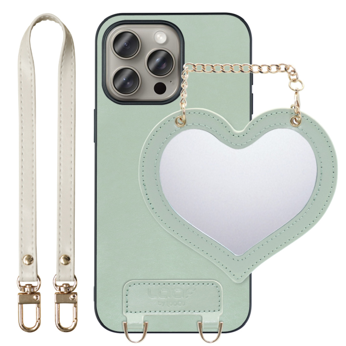[ LOOF CHARM-SHELL Series ] iPhone 15 Pro Max iPhone15 Pro Max アイフォン15 プロ マックス iPhone 15 15ProMax アイフォン 15 スマホケース  ハートのミラーチャーム付き シンプル 背面カバー スマホケース ストラップ付 本革 [ iPhone 15 Pro Max ]