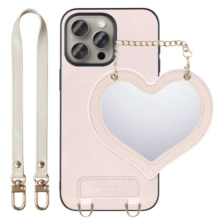 [ LOOF CHARM-SHELL Series ] iPhone 15 Pro Max iPhone15 Pro Max アイフォン15 プロ マックス iPhone 15 15ProMax アイフォン 15 スマホケース  ハートのミラーチャーム付き シンプル 背面カバー スマホケース ストラップ付 本革 [ iPhone 15 Pro Max ]