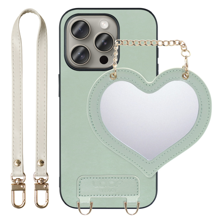 [ LOOF CHARM-SHELL Series ] iPhone 15 Pro iPhone15 Pro アイフォン15 プロ iPhone 15 Pro 15Pro アイフォン 15 スマホケース  ハートのミラーチャーム付き シンプル 背面カバー スマホケース ストラップ付 本革 [ iPhone 15 Pro ]