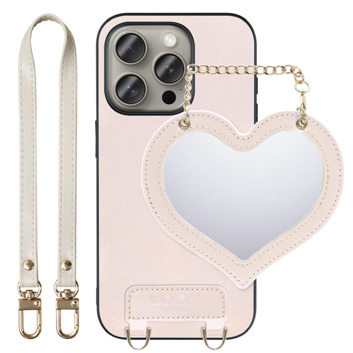 [ LOOF CHARM-SHELL Series ] iPhone 15 Pro iPhone15 Pro アイフォン15 プロ iPhone 15 Pro 15Pro アイフォン 15 スマホケース  ハートのミラーチャーム付き シンプル 背面カバー スマホケース ストラップ付 本革 [ iPhone 15 Pro ]