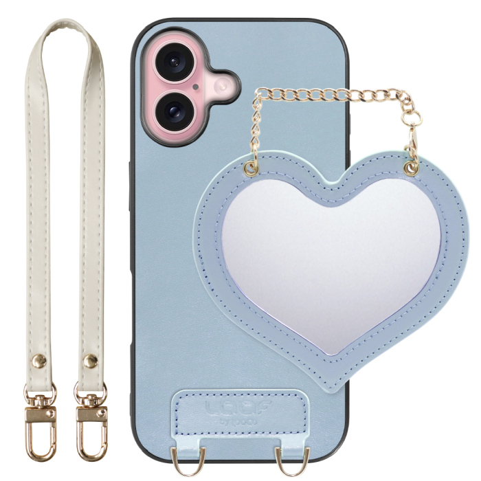 [ LOOF CHARM-SHELL Series ] iPhone 16 iPhone16 アイフォン16 iPhone 16 アイフォン 16 スマホケース  ハートのミラーチャーム付き シンプル 背面カバー スマホケース ストラップ付 本革 [ iPhone 16 ]