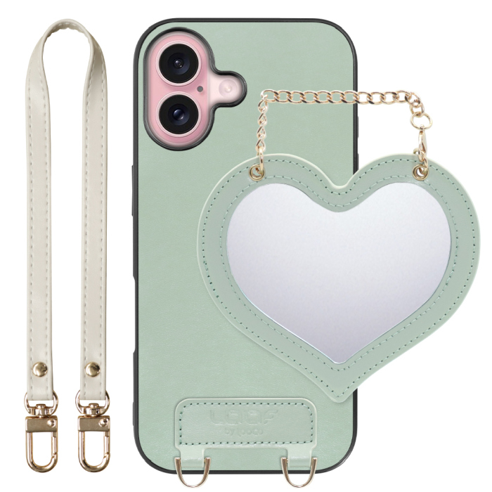 [ LOOF CHARM-SHELL Series ] iPhone 16 iPhone16 アイフォン16 iPhone 16 アイフォン 16 スマホケース  ハートのミラーチャーム付き シンプル 背面カバー スマホケース ストラップ付 本革 [ iPhone 16 ]