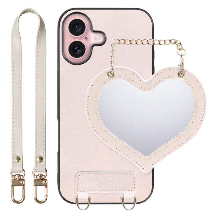 [ LOOF CHARM-SHELL Series ] iPhone 16 iPhone16 アイフォン16 iPhone 16 アイフォン 16 スマホケース  ハートのミラーチャーム付き シンプル 背面カバー スマホケース ストラップ付 本革 [ iPhone 16 ]