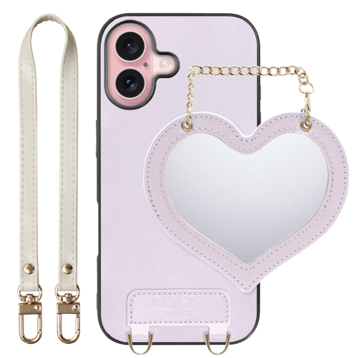 [ LOOF CHARM-SHELL Series ] iPhone 16 iPhone16 アイフォン16 iPhone 16 アイフォン 16 スマホケース  ハートのミラーチャーム付き シンプル 背面カバー スマホケース ストラップ付 本革 [ iPhone 16 ]