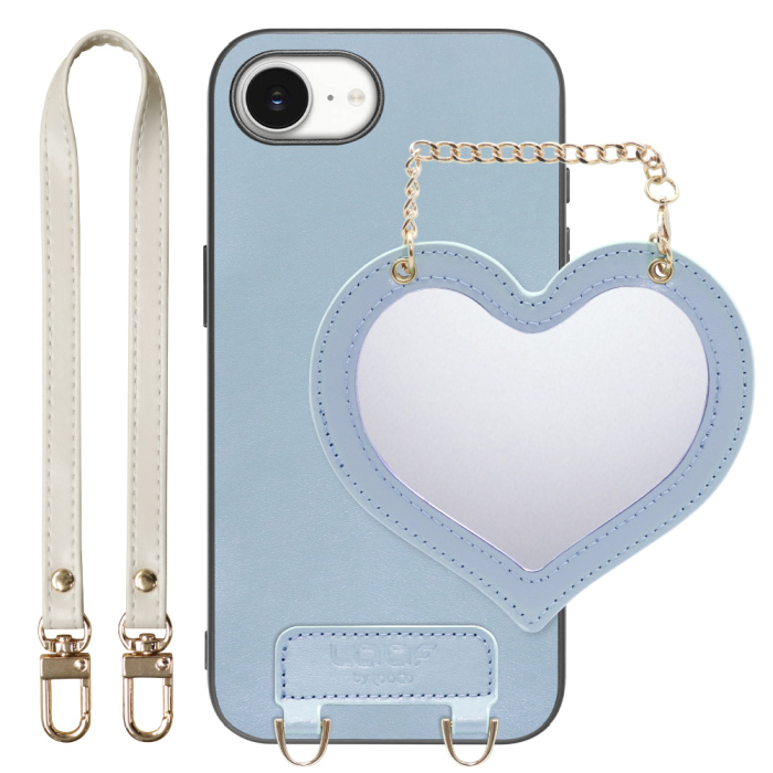 [ LOOF CHARM-SHELL Series ] iPhone 16e  スマホケース  ハートのミラーチャーム付き シンプル 背面カバー スマホケース ストラップ付 本革 [ iPhone 16e ]