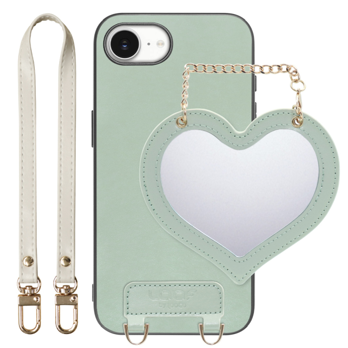 [ LOOF CHARM-SHELL Series ] iPhone 16e  スマホケース  ハートのミラーチャーム付き シンプル 背面カバー スマホケース ストラップ付 本革 [ iPhone 16e ]