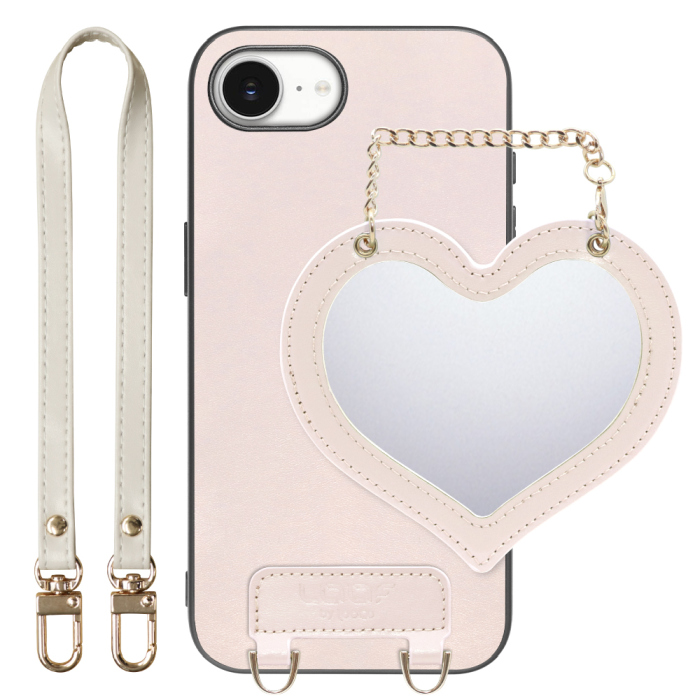 [ LOOF CHARM-SHELL Series ] iPhone 16e  スマホケース  ハートのミラーチャーム付き シンプル 背面カバー スマホケース ストラップ付 本革 [ iPhone 16e ]