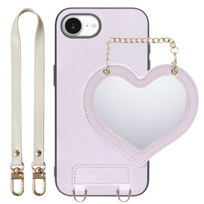 [ LOOF CHARM-SHELL Series ] iPhone 16e  スマホケース  ハートのミラーチャーム付き シンプル 背面カバー スマホケース ストラップ付 本革 [ iPhone 16e ]