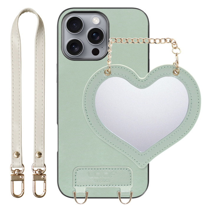 [ LOOF CHARM-SHELL Series ] iPhone 16 Pro Max iPhone16 Pro Max アイフォン16 プロ マックス スマホケース  ハートのミラーチャーム付き シンプル 背面カバー スマホケース ストラップ付 本革 [ iPhone 16 Pro Max ]
