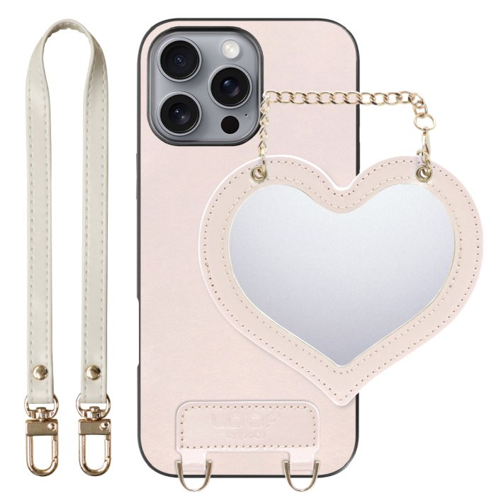 [ LOOF CHARM-SHELL Series ] iPhone 16 Pro Max iPhone16 Pro Max アイフォン16 プロ マックス スマホケース  ハートのミラーチャーム付き シンプル 背面カバー スマホケース ストラップ付 本革 [ iPhone 16 Pro Max ]