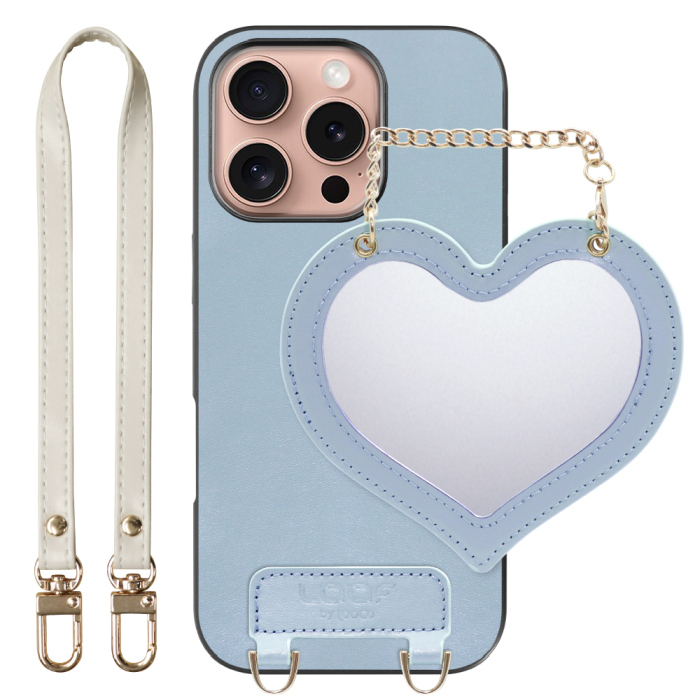 [ LOOF CHARM-SHELL Series ] iPhone 16 Pro iPhone16 Pro アイフォン16 プロ スマホケース  ハートのミラーチャーム付き シンプル 背面カバー スマホケース ストラップ付 本革 [ iPhone 16 Pro ]