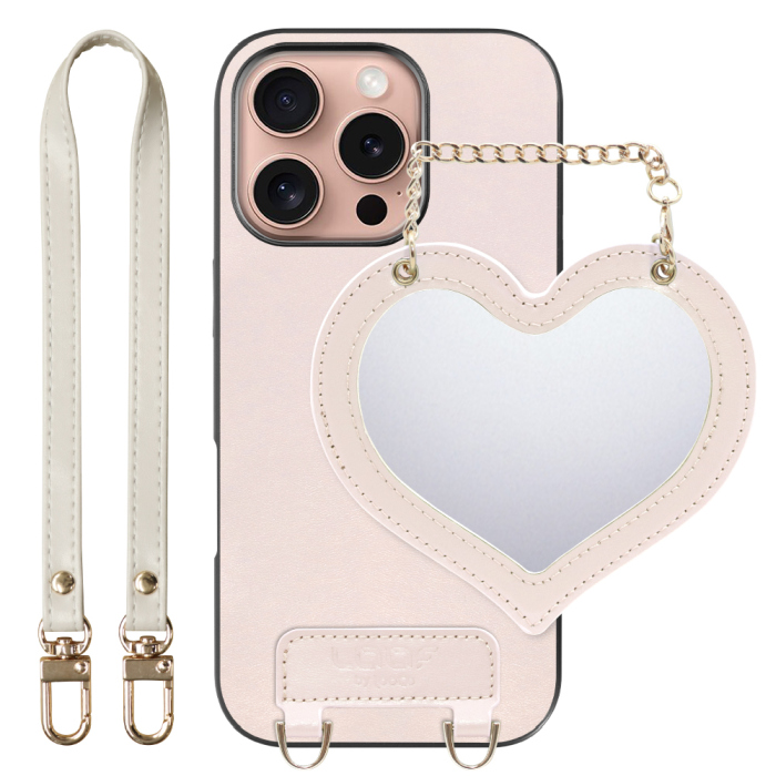 [ LOOF CHARM-SHELL Series ] iPhone 16 Pro iPhone16 Pro アイフォン16 プロ スマホケース  ハートのミラーチャーム付き シンプル 背面カバー スマホケース ストラップ付 本革 [ iPhone 16 Pro ]