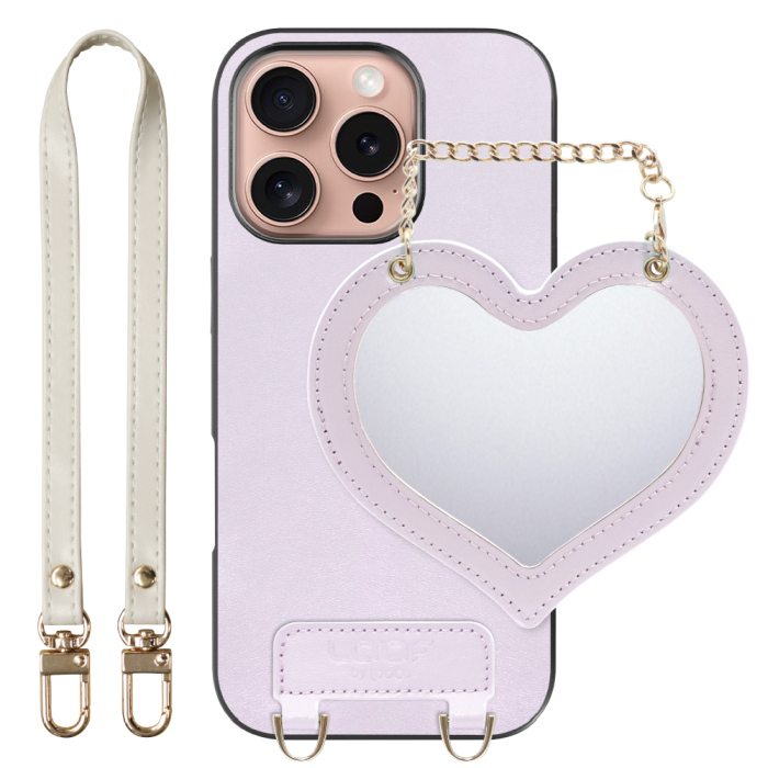 [ LOOF CHARM-SHELL Series ] iPhone 16 Pro iPhone16 Pro アイフォン16 プロ スマホケース  ハートのミラーチャーム付き シンプル 背面カバー スマホケース ストラップ付 本革 [ iPhone 16 Pro ]