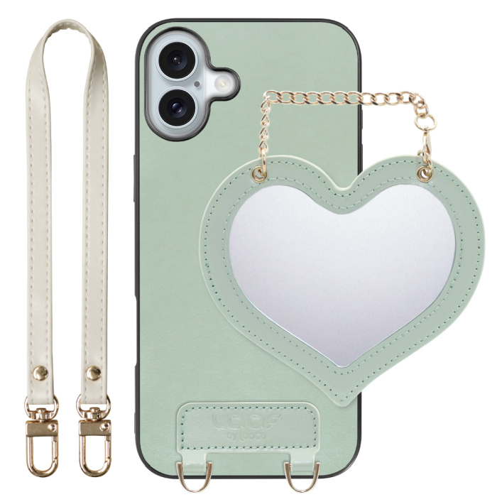 [ LOOF CHARM-SHELL Series ] iPhone 16 Plus iPhone16 Plus アイフォン16 プラス  スマホケース  ハートのミラーチャーム付き シンプル 背面カバー スマホケース ストラップ付 本革 [ iPhone 16 Plus ]