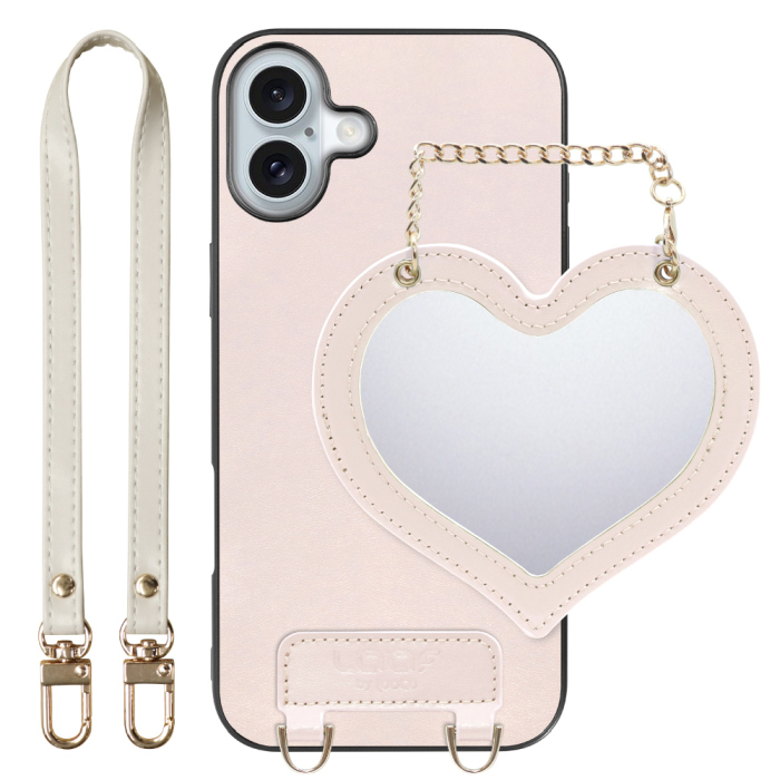 [ LOOF CHARM-SHELL Series ] iPhone 16 Plus iPhone16 Plus アイフォン16 プラス  スマホケース  ハートのミラーチャーム付き シンプル 背面カバー スマホケース ストラップ付 本革 [ iPhone 16 Plus ]