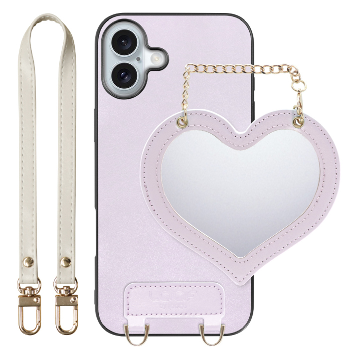[ LOOF CHARM-SHELL Series ] iPhone 16 Plus iPhone16 Plus アイフォン16 プラス  スマホケース  ハートのミラーチャーム付き シンプル 背面カバー スマホケース ストラップ付 本革 [ iPhone 16 Plus ]