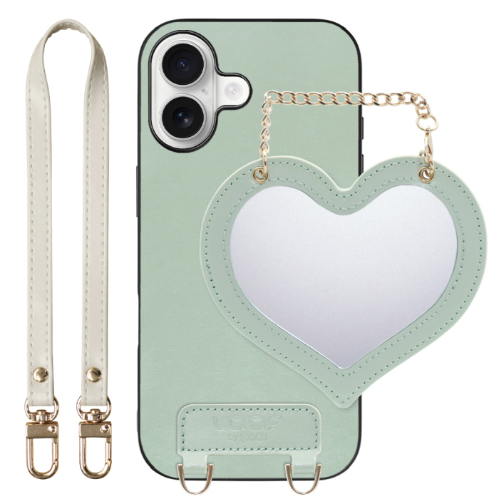 [ LOOF CHARM-SHELL Series ] iPhone 17 iPhone17 アイフォン17 iPhone 17 アイフォン 17 スマホケース  ハートのミラーチャーム付き シンプル 背面カバー スマホケース ストラップ付 本革 [ iPhone 17 用 ]