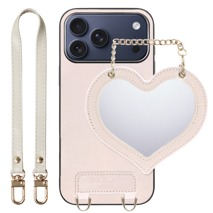 [ LOOF CHARM-SHELL Series ] iPhone 17 Pro Max iPhone17 Pro Max アイフォン17 プロ マックス スマホケース  ハートのミラーチャーム付き シンプル 背面カバー スマホケース ストラップ付 本革 [ iPhone 17 Pro Max 用 ]