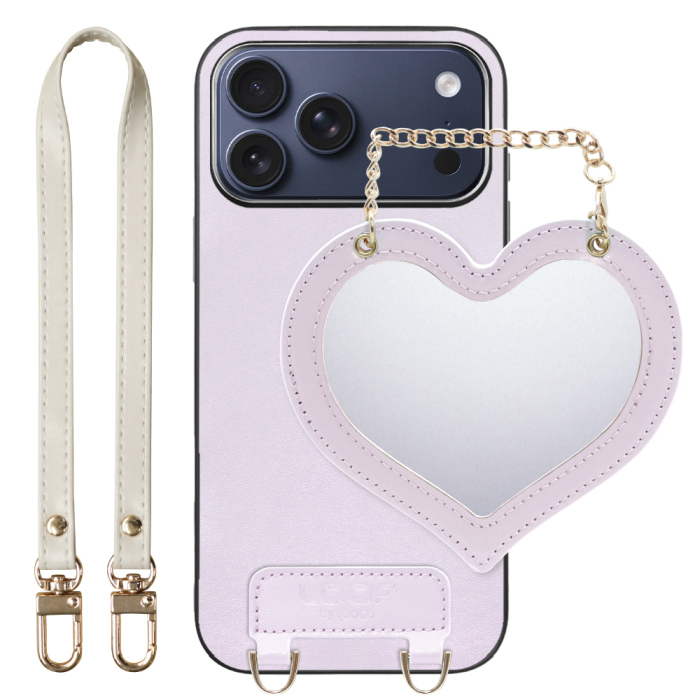 [ LOOF CHARM-SHELL Series ] iPhone 17 Pro Max iPhone17 Pro Max アイフォン17 プロ マックス スマホケース  ハートのミラーチャーム付き シンプル 背面カバー スマホケース ストラップ付 本革 [ iPhone 17 Pro Max 用 ]