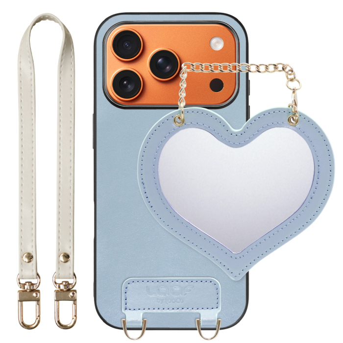 [ LOOF CHARM-SHELL Series ] iPhone 17 Pro iPhone17 Pro アイフォン17 プロ スマホケース  ハートのミラーチャーム付き シンプル 背面カバー スマホケース ストラップ付 本革 [ iPhone 17 Pro 用 ]