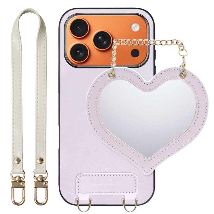 [ LOOF CHARM-SHELL Series ] iPhone 17 Pro iPhone17 Pro アイフォン17 プロ スマホケース  ハートのミラーチャーム付き シンプル 背面カバー スマホケース ストラップ付 本革 [ iPhone 17 Pro 用 ]