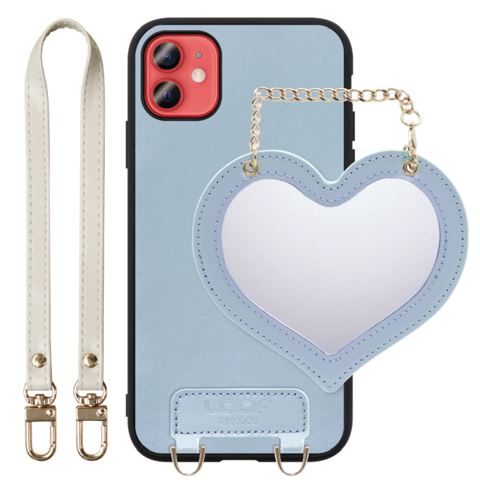 [ LOOF CHARM-SHELL Series ] iPhone 12 mini iphone12mini 12mini 12ミニ スマホケース  ハートのミラーチャーム付き シンプル 背面カバー スマホケース ストラップ付 本革 [ iPhone 12 mini ]