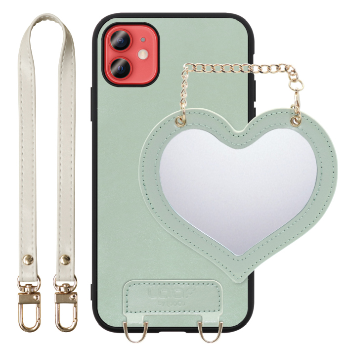 [ LOOF CHARM-SHELL Series ] iPhone 12 mini iphone12mini 12mini 12ミニ スマホケース  ハートのミラーチャーム付き シンプル 背面カバー スマホケース ストラップ付 本革 [ iPhone 12 mini ]