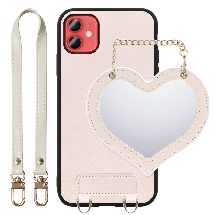 [ LOOF CHARM-SHELL Series ] iPhone 12 mini iphone12mini 12mini 12ミニ スマホケース  ハートのミラーチャーム付き シンプル 背面カバー スマホケース ストラップ付 本革 [ iPhone 12 mini ]